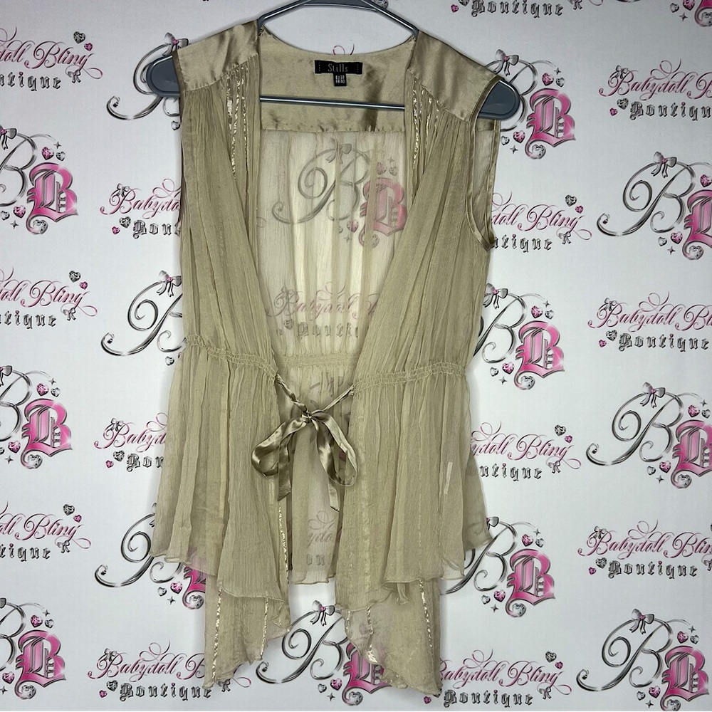 Stills cardigan gold shimmer sheer metallic wrap up vest style tank top shirt